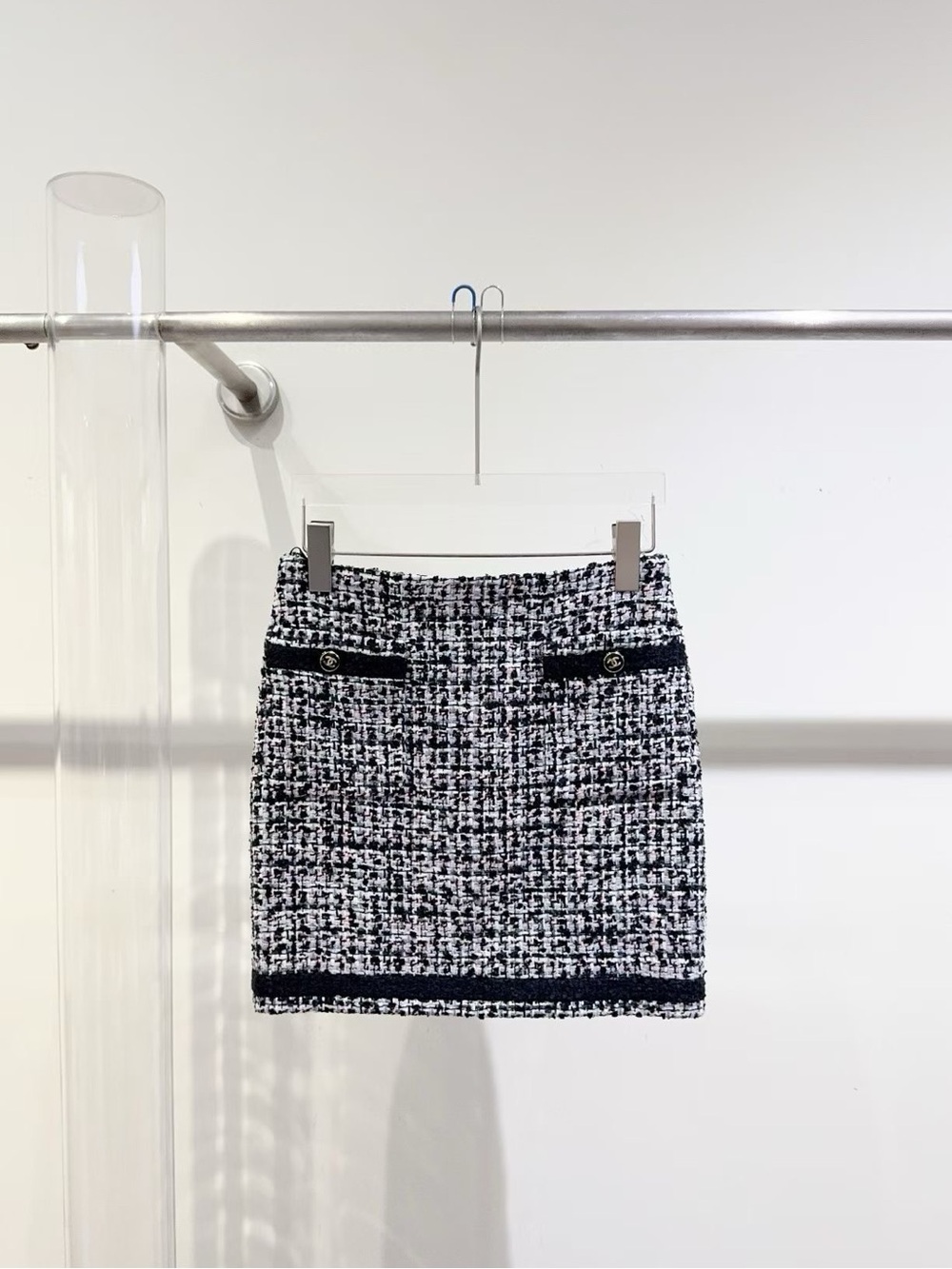 CHANEL Black and White Tweed Mini Skirt with Trim